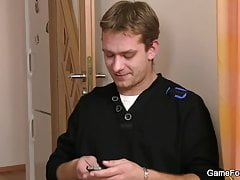 Hetero plumber takes gay cock from behind
